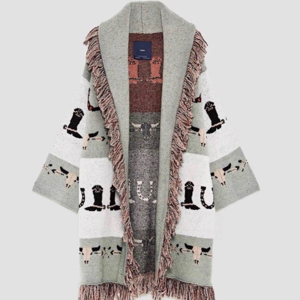 Zara Jacquard Knit Cowboy Boot Fringe Coat